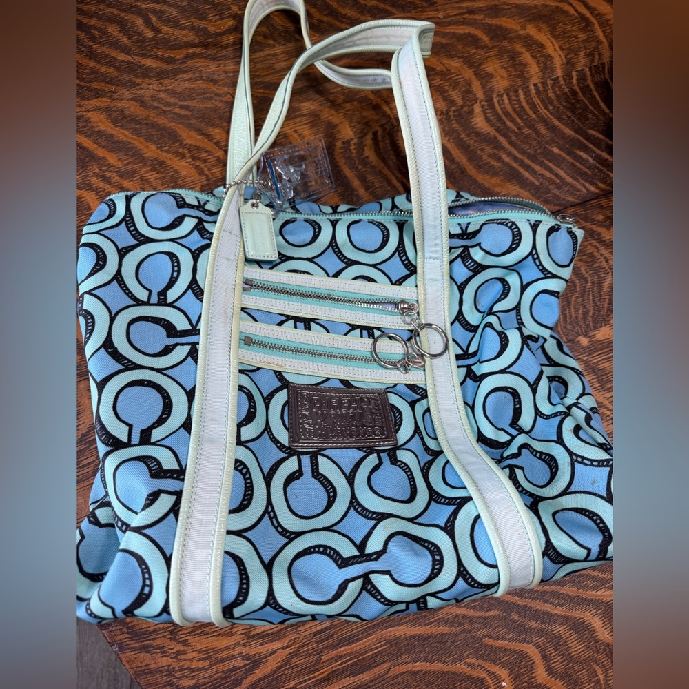 Coach Blue Patterned Tote with Mint Trim